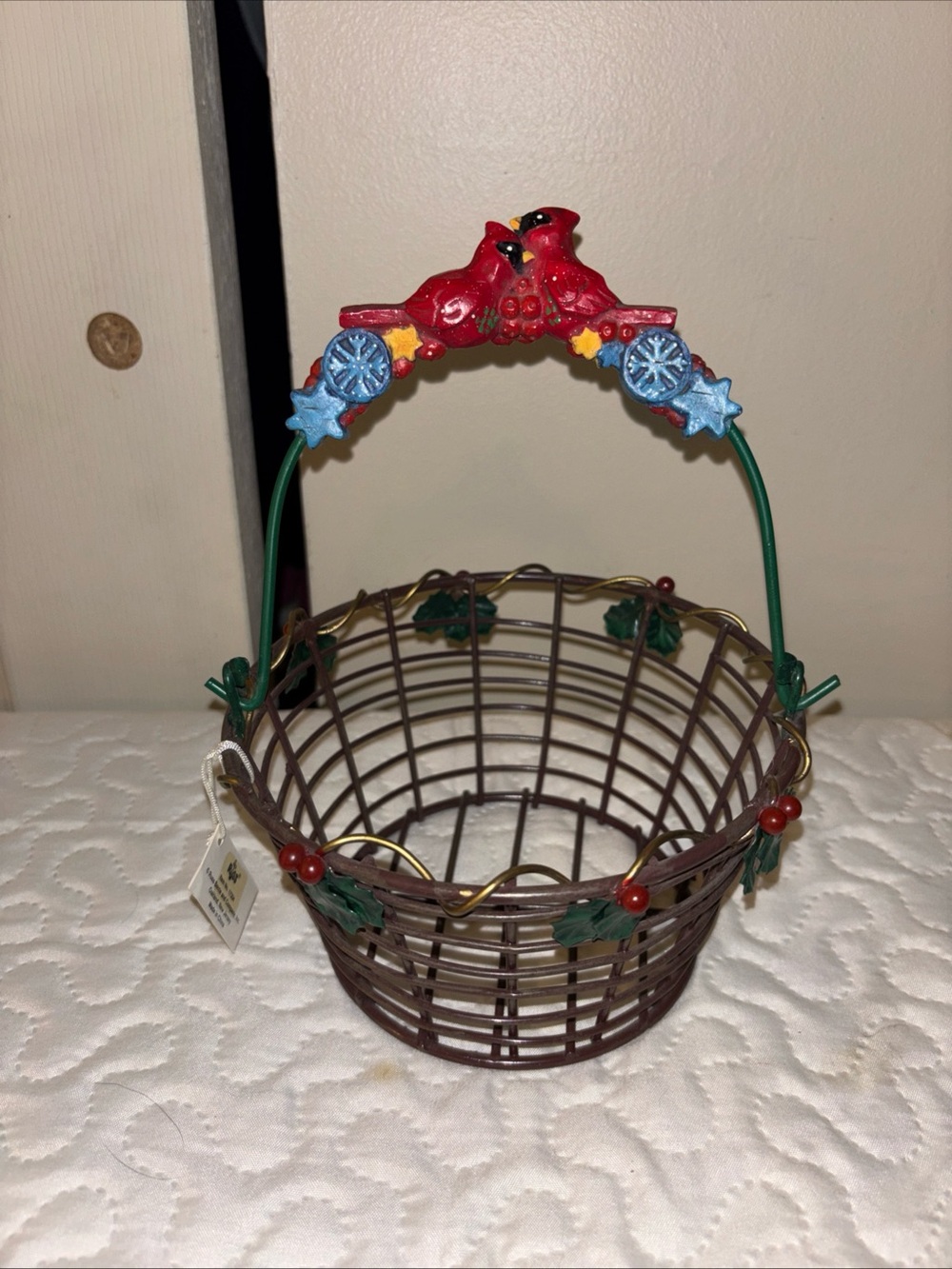 Russ Brown Wire Basket with Green Handle and Red Berry Accents